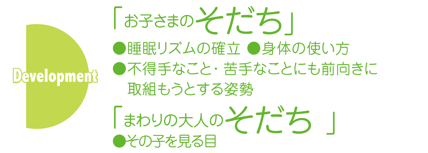 Development「お子さまのそだち」 ●睡眠リズムの確立 ●身体の使い方●不得手なこと・苦手なことにも前向きに取組もうとする姿勢 「まわりの大人のそだち」 ●その子を見る目