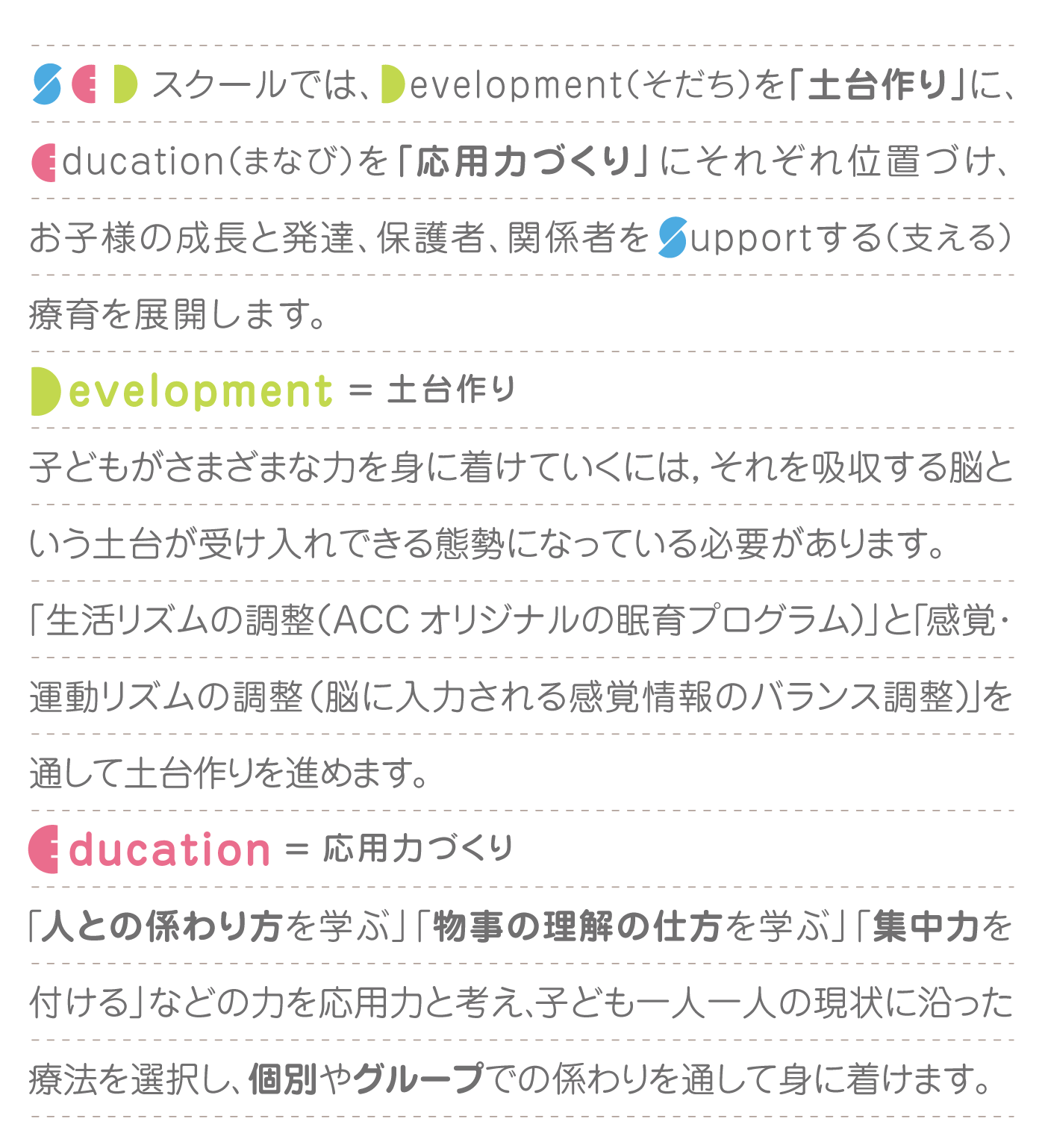 Development=土台作り Education=応用力づくり