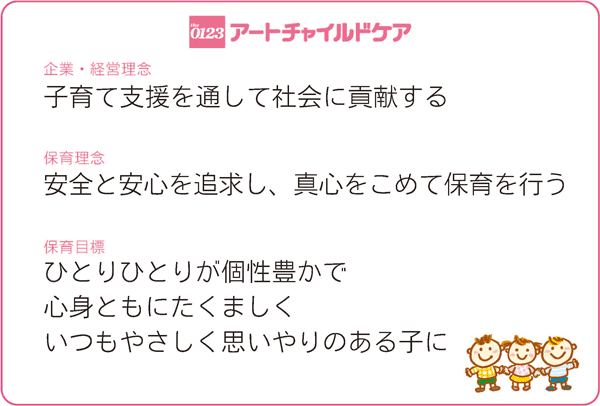 アートチャイルドケア 企業・経営理念:子育てを通して社会に貢献する。 保育理念:安全と安心を追求し、真心をこめて保育を行う。 保育目標:ひとりひとりが個性豊かで 心身ともにたくましく いつもやさし思いやりのある子に